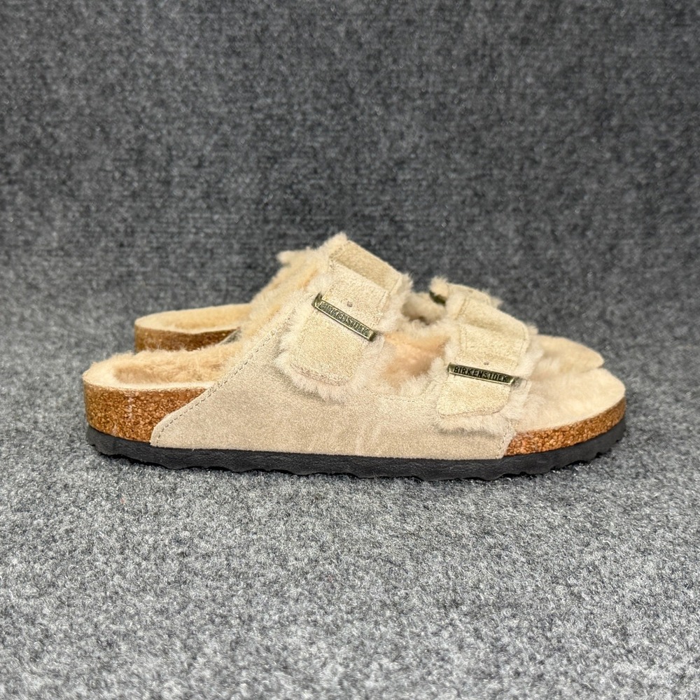Birkenstock Arizona Shearling Sandal Womens 5 Taupe Suede Buckle Slide Flip Flop